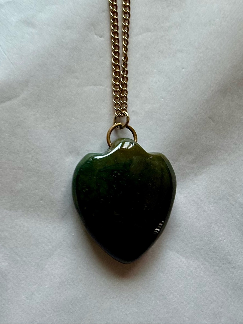 Vintage Green Stone Heart Pendant with Gold Tone Chain